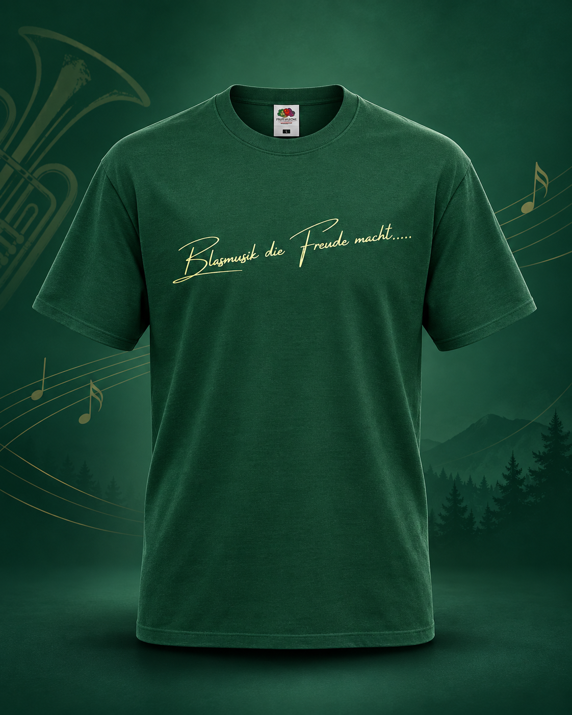 Fanclub-T-Shirt Vorderseite in Buchwaldgrün mit Schriftzug „Blasmusik die Freude macht“